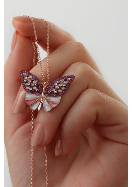 925 Ayar Mor Taşlı Gümüş Kelebek Kolye