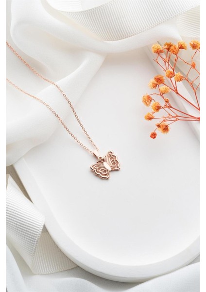 925 Ayar Gümüş Rose Kelebek Kolye