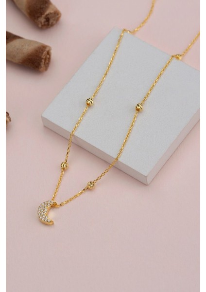 925 Ayar Gümüş Top Zincirli Ay Kolye