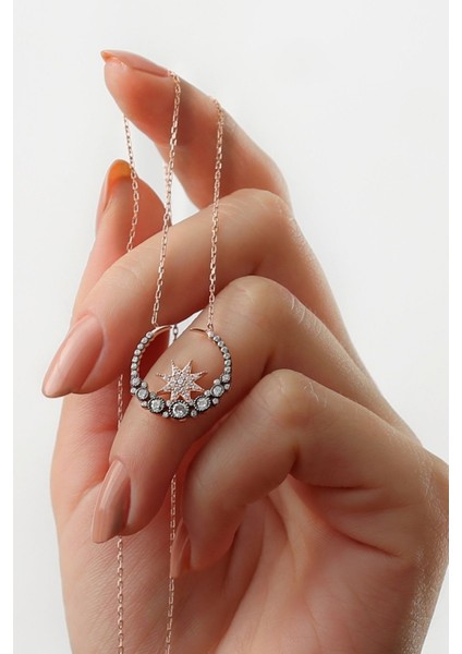 925 Ayar Gümüş Şık Tasarım Taşlı Ay Yıldız Kolye fiyatları