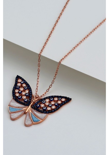 925 Ayar Gümüş Kelebekli Renkli Taş Detaylı Kolye