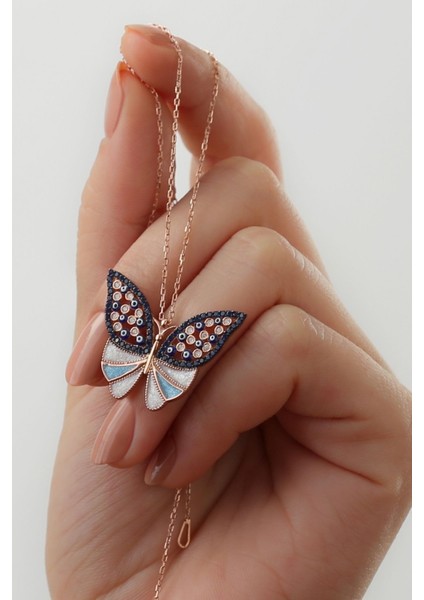 925 Ayar Gümüş Kelebekli Renkli Taş Detaylı Kolye fiyatları