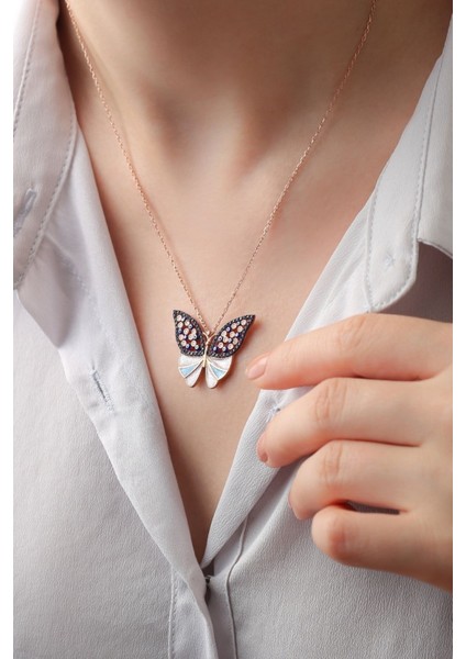 925 Ayar Gümüş Kelebekli Renkli Taş Detaylı Kolye modelleri