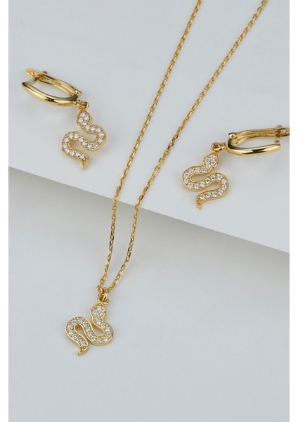 925 Ayar Gümüş Yılanlı Küpe Kolye Seti