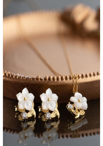 925 Ayar Gümüş Sedefli Gül Kolye-Küpe Seti