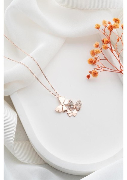 925 Ayar Rose Kelebek Gümüş Kolye