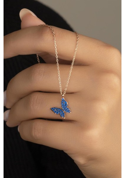 925 Ayar Mavi Kelebek Gümüş Kolye fiyatları