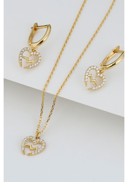 925 Ayar Gümüş Kalp Ritm Kolye Küpe Seti