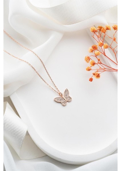 925 Ayar Rose Kelebek Gümüş Kolye