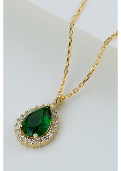 925 Ayar Gümüş Gold Zümrüt Damla Kolye