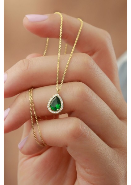 925 Ayar Gümüş Gold Zümrüt Damla Kolye fiyatları