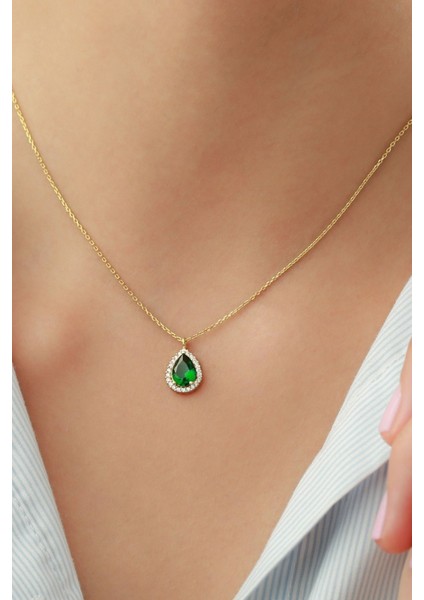 925 Ayar Gümüş Gold Zümrüt Damla Kolye modelleri