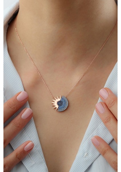 925 Ayar Gümüş Rose Nano Taşlı Güneş Kolye