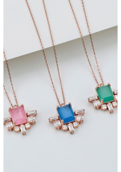 925 Ayar Gümüş Renkli Baget Taşlı Kolye