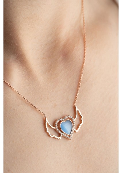 925 Ayar Gümüş Rose Kanatlı Kalp Kolye modelleri