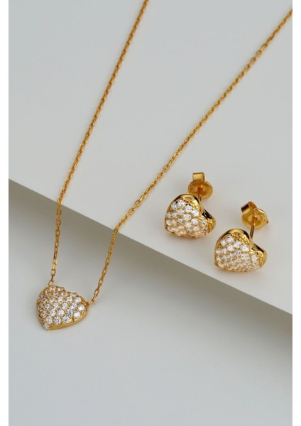 925 Ayar Gümüş Taş Detaylı Kalpli Küpe-Kolye Set