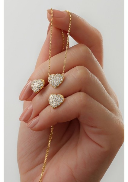 925 Ayar Gümüş Taş Detaylı Kalpli Küpe-Kolye Set fiyatları