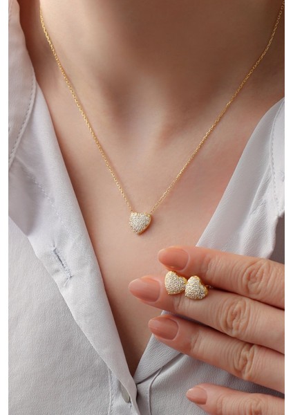 925 Ayar Gümüş Taş Detaylı Kalpli Küpe-Kolye Set modelleri