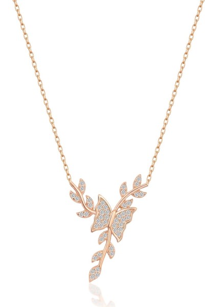 925 Ayar Gümüş Rose Daldaki Kelebek Kolye