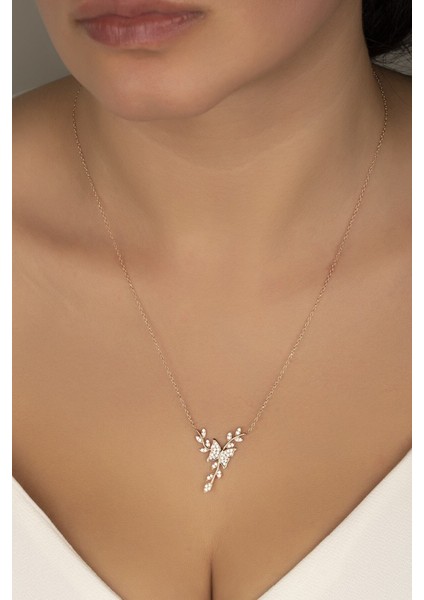 925 Ayar Gümüş Rose Daldaki Kelebek Kolye modelleri