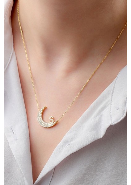 925 Ayar Gümüş Ay Desenli Kişiye Özel Kolye modelleri