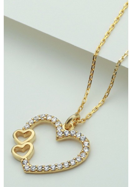 925 Ayar Gümüş Gold Çift Kalp Kolye