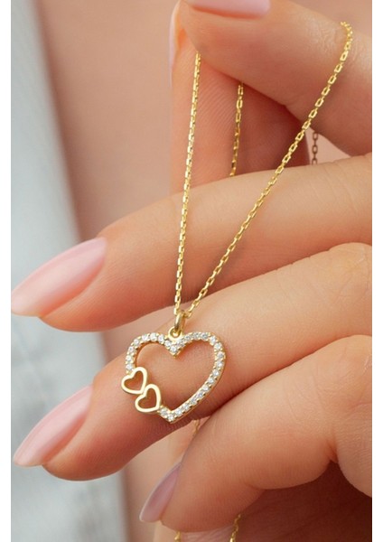 925 Ayar Gümüş Gold Çift Kalp Kolye fiyatları