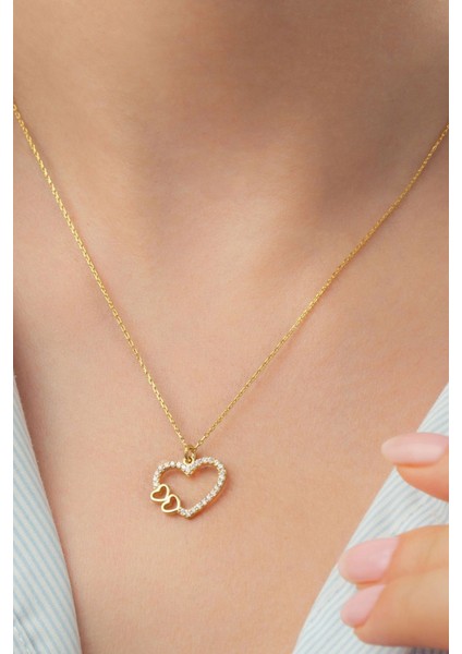 925 Ayar Gümüş Gold Çift Kalp Kolye modelleri