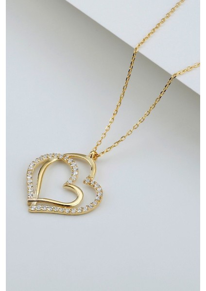 925 Ayar Gümüş Gold Çift Kalp Kolye