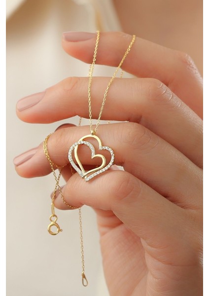 925 Ayar Gümüş Gold Çift Kalp Kolye fiyatları