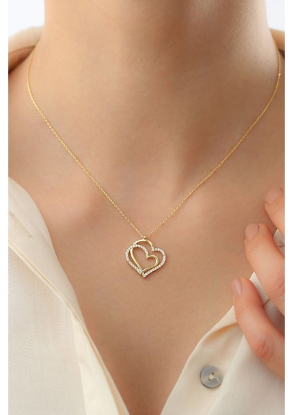 925 Ayar Gümüş Gold Çift Kalp Kolye modelleri