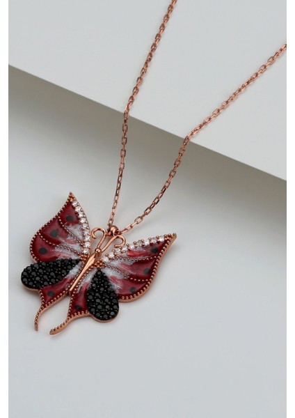 925 Ayar Kırmızı Kelebek Gümüş Kolye