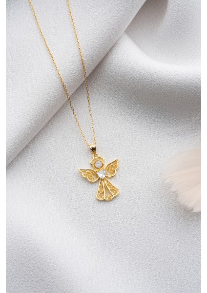 925 Ayar Gümüş Gold Kalp Tektaş Melek Kolye