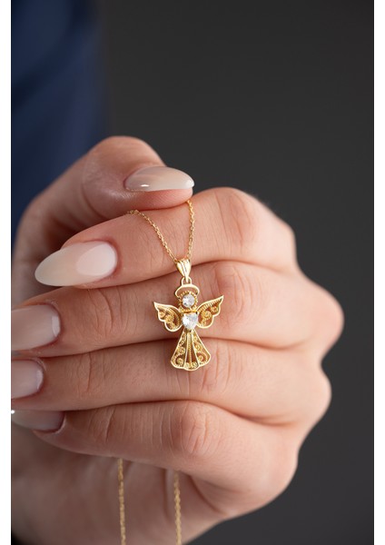 925 Ayar Gümüş Gold Kalp Tektaş Melek Kolye fiyatları