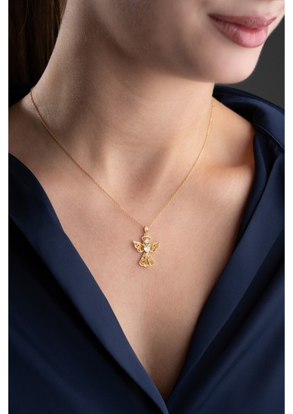 925 Ayar Gümüş Gold Kalp Tektaş Melek Kolye modelleri