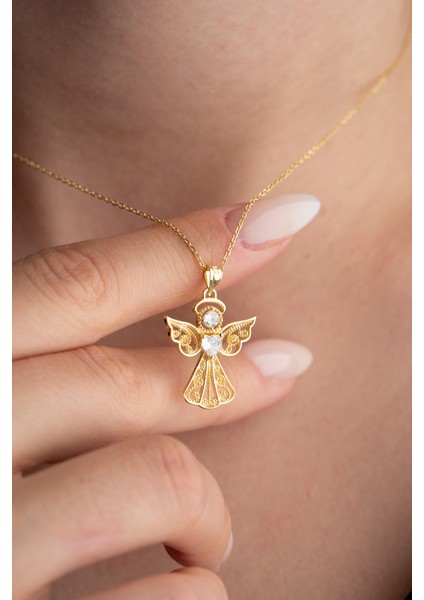 925 Ayar Gümüş Gold Kalp Tektaş Melek Kolye fırsatları