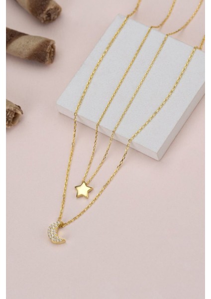 925 Ayar Gümüş Ay Yıldız Çiftli Kolye