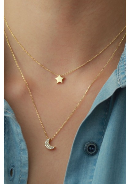 925 Ayar Gümüş Ay Yıldız Çiftli Kolye modelleri