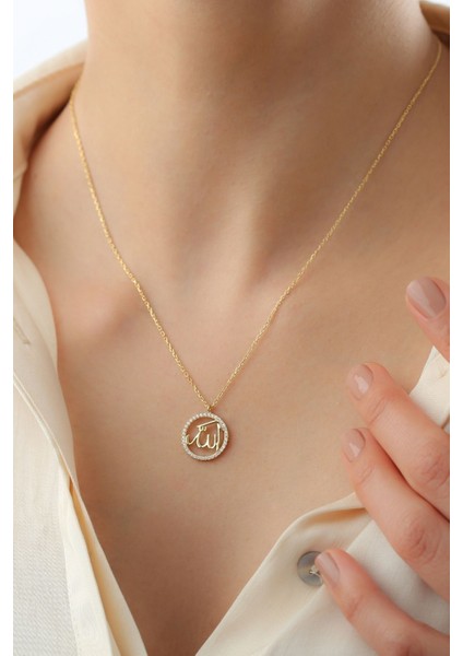 925 Ayar Gümüş Allah Yazılı Taşlı Gold Kolye modelleri