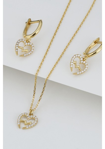 925 Ayar Gümüş Kalp Ritim Kolye Küpe Seti