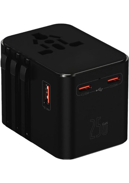 Seyahat Priz Dönüştürücü Adaptör, 25W Şarj Cihazı, 1x USB Girişi, 2x Type-C Girişi, Uluslararası Güç Adaptörü, Us, Uk, Eu, Au Evrensel Uyum