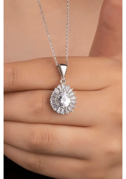 925 Ayar Gümüş Damla Baget Taşlı Kolye fiyatları