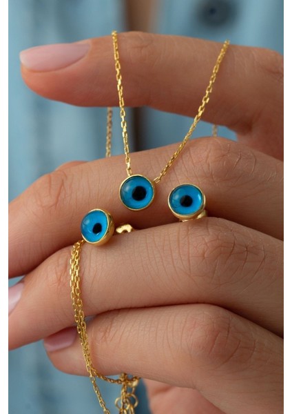 925 Ayar Gümüş Göz Nazarlı Küpe-Kolye Takı Seti fiyatları