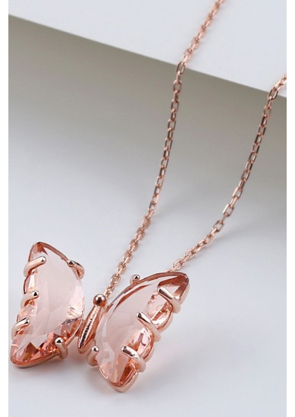 925 Ayar Gümüş Somon Cam Kelebek Kolye