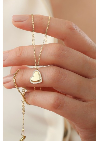 925 Ayar Gümüş Minimal Taşlı Kalp Gold Kolye fiyatları