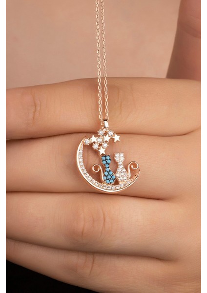 925 Ayar Gümüş Rose Yıldızlı Kediler Kolye fiyatları