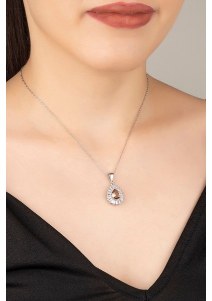 925 Ayar Gümüş Kahverengi Baget Taşlı Kolye