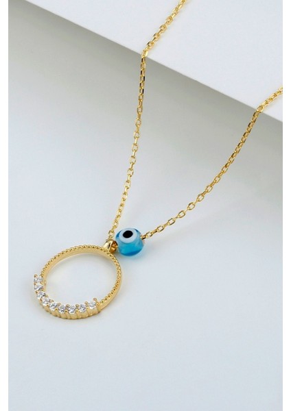 925 Ayar Gold Zirkon Taşlı Nazarlı Halka Gümüş Kolye