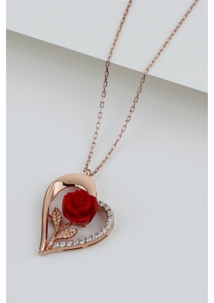 925 Ayar Gümüş Güllü Kalp Kolye