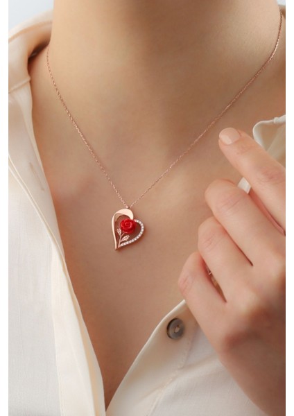 925 Ayar Gümüş Güllü Kalp Kolye modelleri
